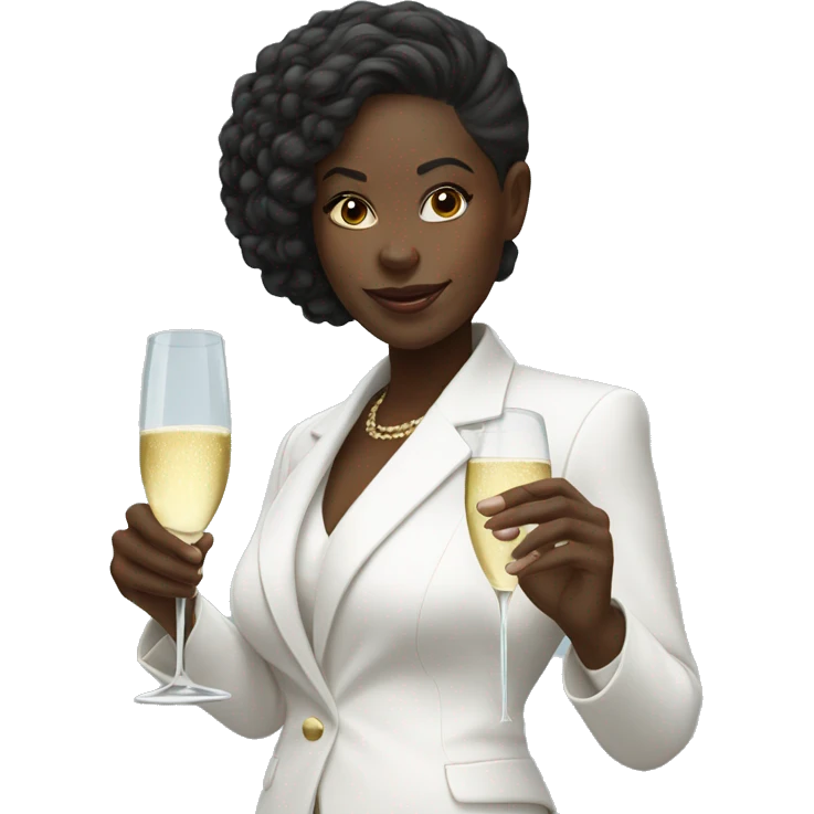Black girl in a white pantsuit, holding glass of champagne emoji