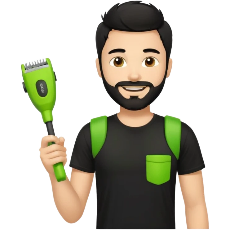 handsome young man, fair complexion, messy black hair and beard, smiling, black t-shirt, holding a palm-sized lime green trimmer in one hand emoji