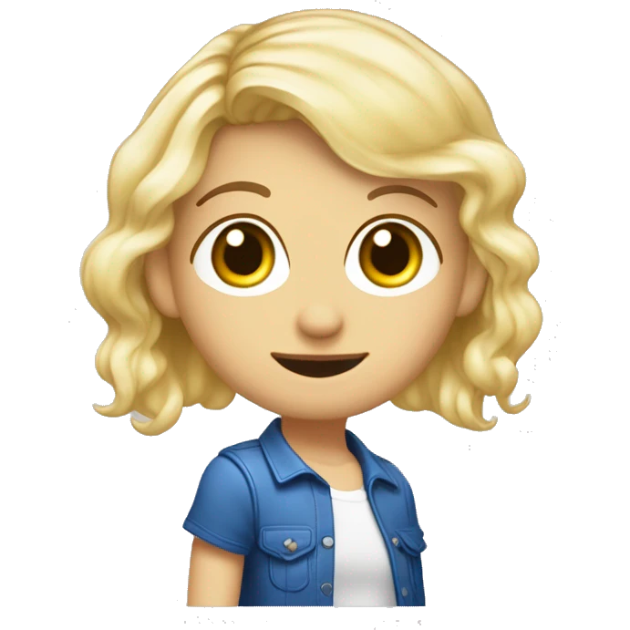 Cheveux : Blonds, courts en carré.
Yeux : Bleus.
Accessoires : A un serre-tête coloré.
Style : T-shirt à motifs et sac à dos avec des pins. emoji