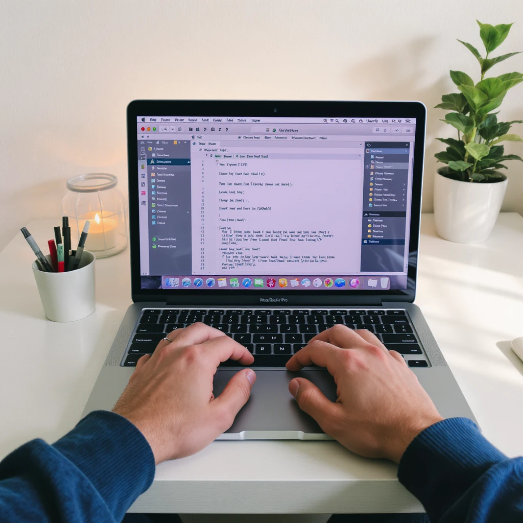 POV shot, Man writing on macbook pro keyboard, minimalistic environment emoji