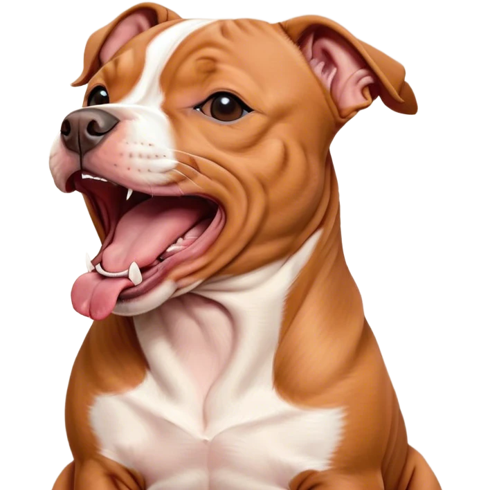 Cinematic Cute Yawning Red/Fawn Staffordshire Bull Terrier Portrait Emoji, Head tilted slightly with a dramatic, wide-open yawn, showcasing a smooth red/fawn Fur with crisp white accents, floppy ears slightly drooping, round dark eyes barely open in drowsy contentment, Simplified yet irresistibly adorable features, highly detailed, glowing with a soft, cozy glow, high shine, relaxed yet expressive, stylized with a touch of whimsy, bright and endearing, soft glowing outline, capturing the essence of a sleepy yet affectionate guardian, so drowsy it feels like it could stretch right out of the screen and curl up for a nap! emoji