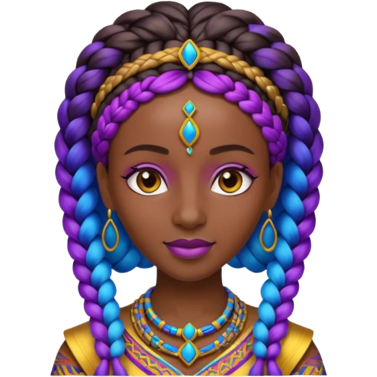Create me an emoji of a beautiful Ethiopian Queen of Sheba with amazing braids wearing a neon purple and blue gradient African patterns. emoji