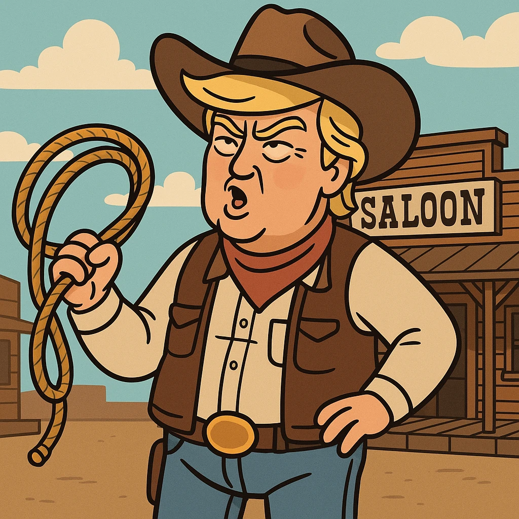 Donald Trump in cowboy attire, holding a lasso, standing in front of a saloon, cartoon style, expressive face emoji