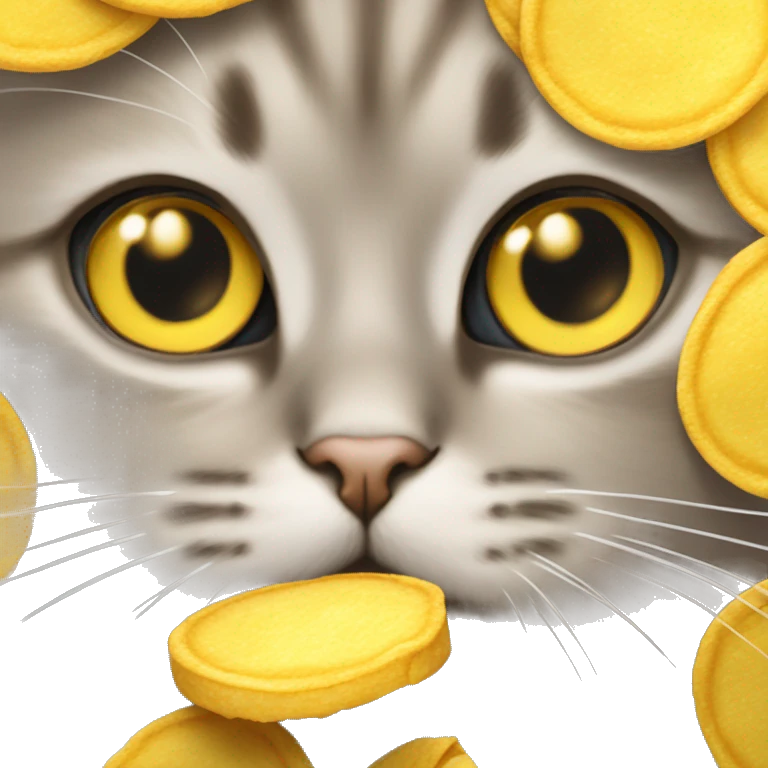 Beige-gray cute cat with big sparkling eyes peeking out of an open yellow Lay's chips packet emoji