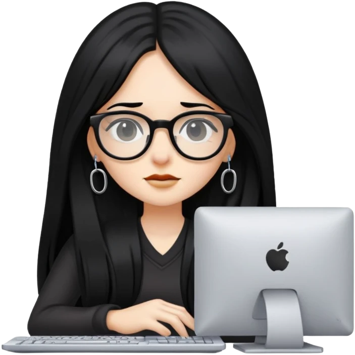 Girl with long black hair, glasses, nostril piercing, and a computer emoji
