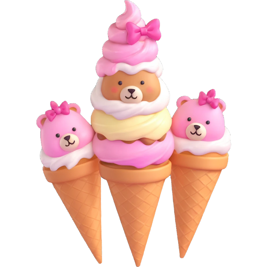 Cute ice cream cone with pink topping, bear and bear-face decorations, pastel stars, and a pink bow, shiny and glossy, in 3D iOS emoji style on a transparent background. emoji