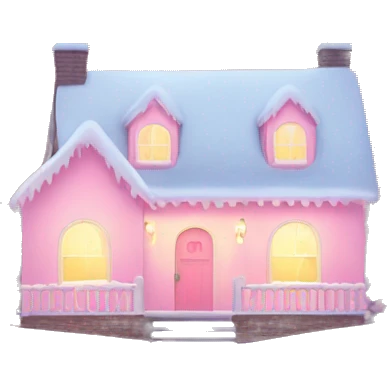 Pastel pink house with snow and Christmas lights and Christmas trees￼ emoji