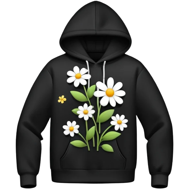 The BLACK Hoodie features a black base with distinctive white and black  open flower spots with empty space in the middle, These hollow ring-like patterns are scattered across. BLACK AND WHITE FLOWERS SPACED OUT FLOWERS, AND ONLY A FEW FLOWERS AND NO DOTS, NO VINES, NO LEAVES emoji