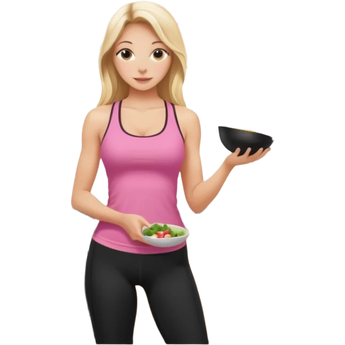 Render from knees up, view from the back, fair skinned woman, thin, long blond hair, cooking dinner in kitchen, pink loose tank top, showing natural B cup breast shape SFW, black yoga pants, perfect booty emoji