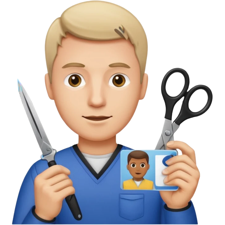 Scissors cutting man ID card in 2 parts.hyper realistic emoji