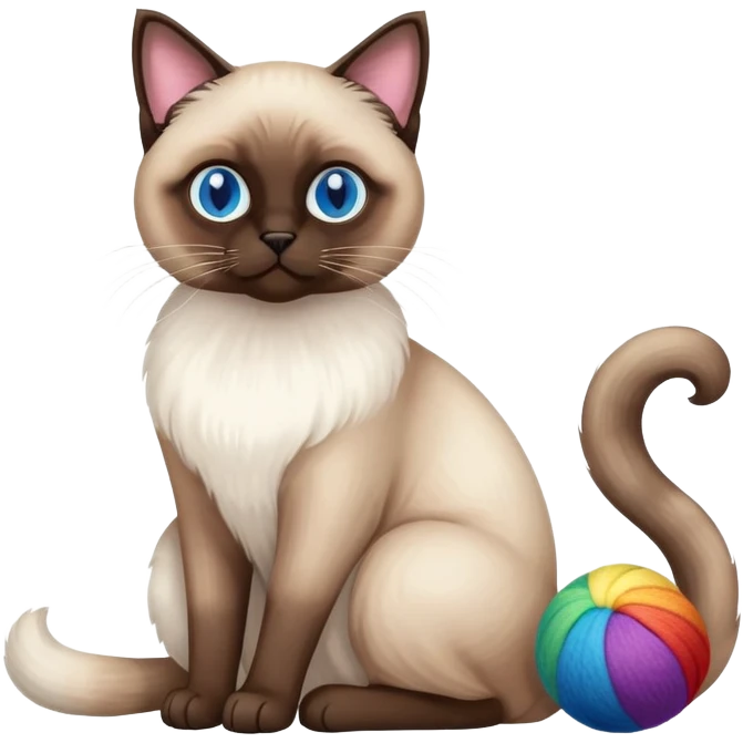 Siamese cat full body sitting with rainbow eyes and a wool ball emoji