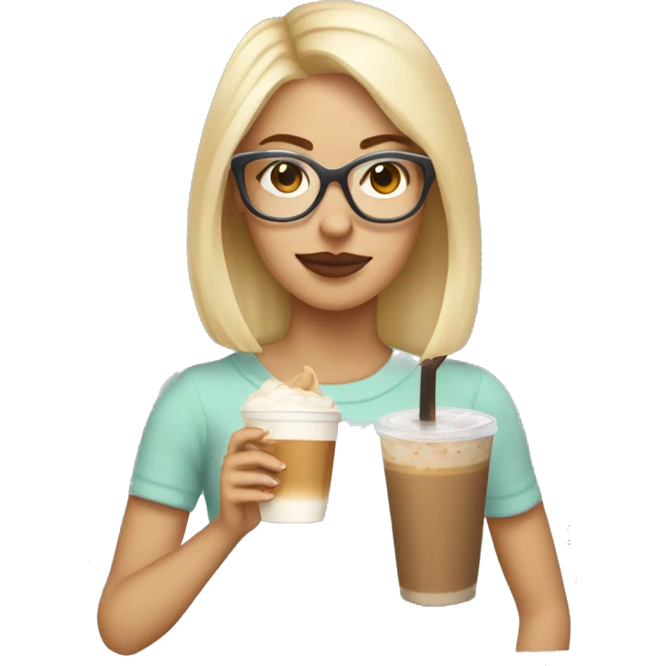 girl with blonde hair and transparent glasses drinking a dirty iced chai latte  emoji