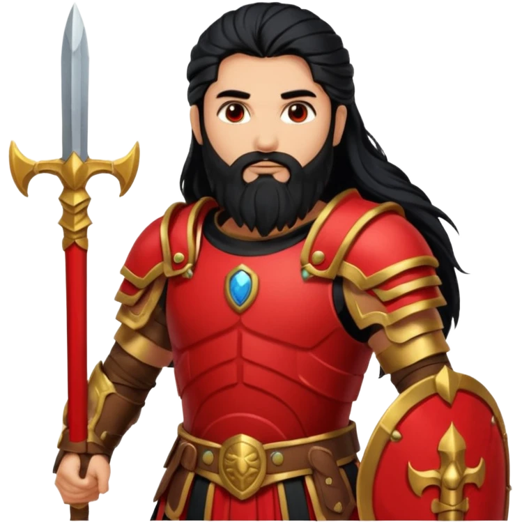 Mars, War God from Rome Mythology with long black hair and beard, red and black outfit, light tan skin emoji