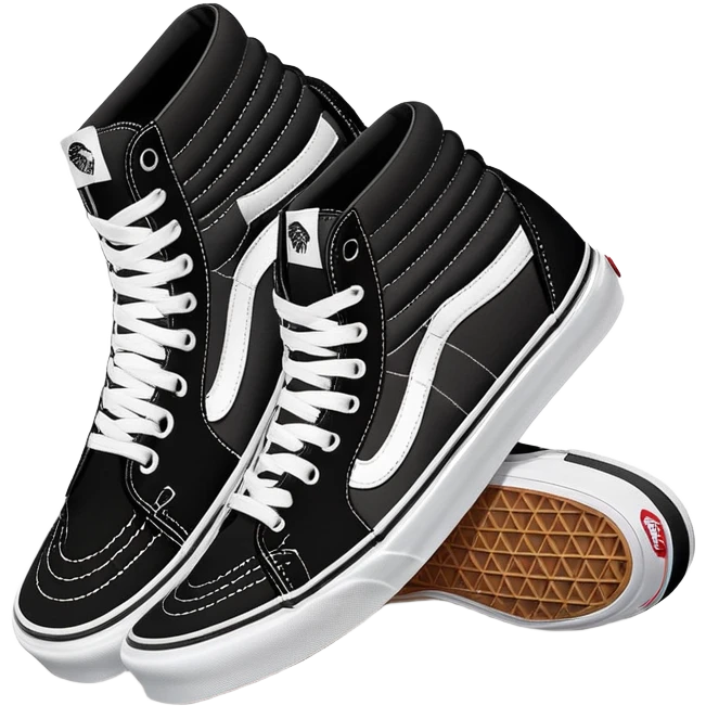 Two black Vans Sk8-Hi high top sneakers positioned in a staggered arrangement with one behind the other, classic black with white sidewall stripe, white laces and rubber toe cap emoji