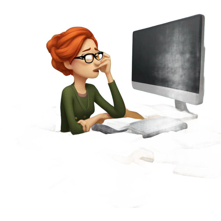 red hair woman wearing glasses sleeping frustrated desk monitor stack paper emoji
