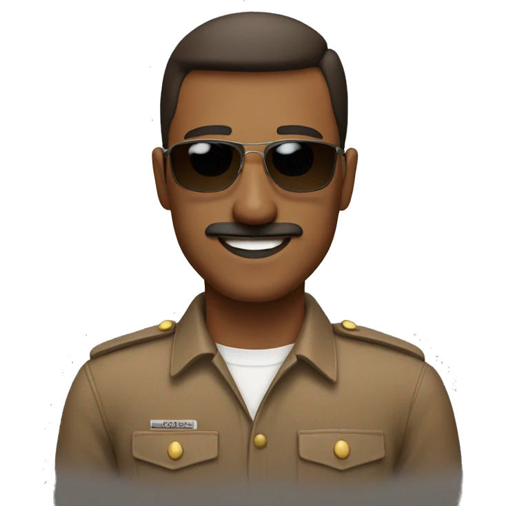 smiling man with a short haircut and short mustache wearing a brown uniform and sunglasses emoji