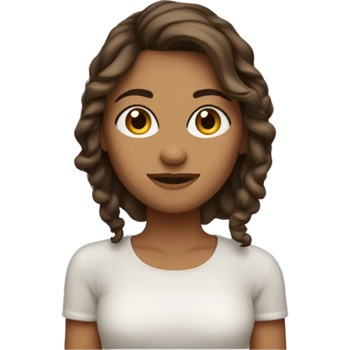 mulher, com o cabelo liso castanho escuro no ombro, branca, com sardinhas no rosto, cílios e olhos castanho escuro.  emoji