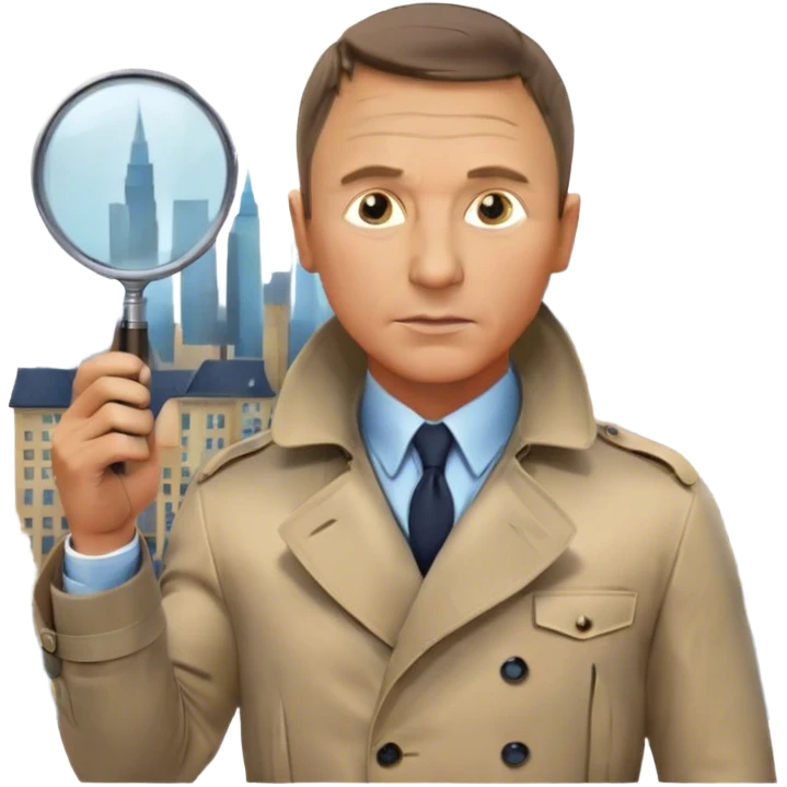Icon for Detective Movies: A colorful collage featuring Daniel Craig as an inspector, with a magnifying glass and a mysterious city backdrop. Include a board with photos of suspects, fingerprints, and a crime scene. Retro movie poster style. Transparent background. emoji