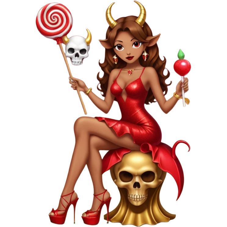 Sexy, playboy stripper woman brown courtly hair seductress lollipop devil horns red glitter dress with slit, holding a skull  while she is sitting on top of gold wearing tall platform heels emoji