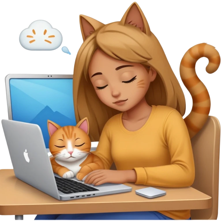A girl is working hard in front of her laptop, and a cat is sleeping next to it emoji