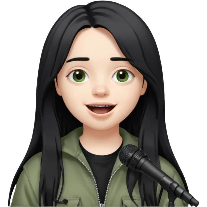 billie eilish is singing, holding mirco and smile emoji