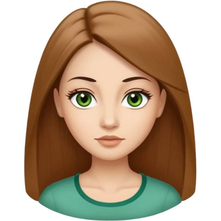 Adult woman avatar, light skin tone, oval face, long straight brown hair, green almond-shaped eyes with dramatic eyelashes and minimal eyeliner, neutral mouth, medium straight eyebrows, small nose, smooth skin emoji