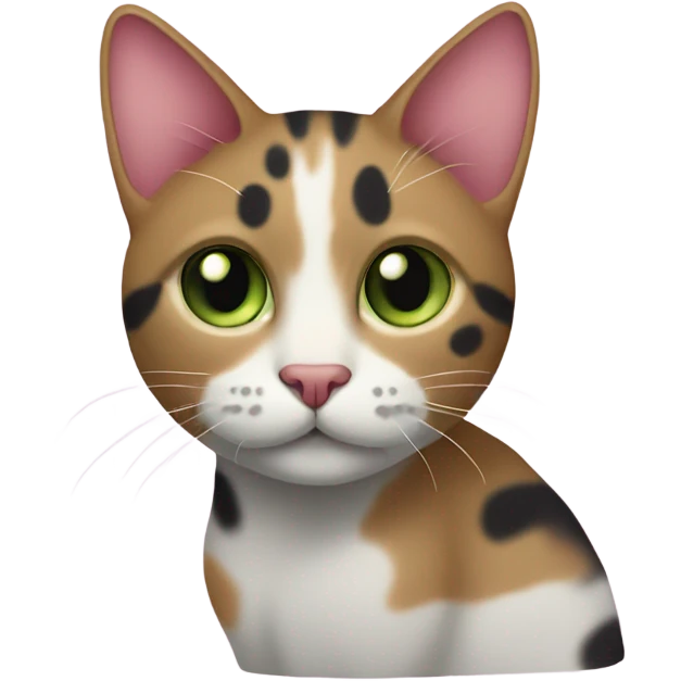 3 colors cat, pink nose with black spot, short hair, light brown spot on beard, light green eyes emoji