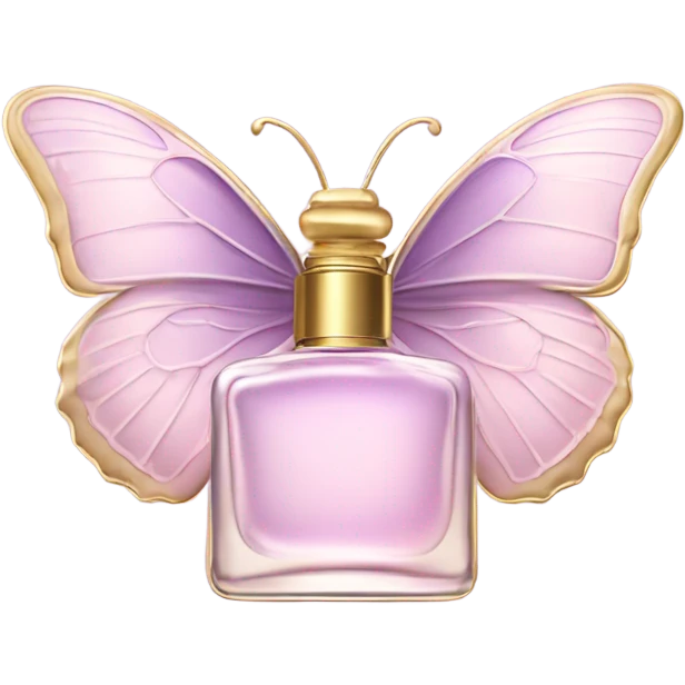  pastel pink butterfly resting on an elegant lavender perfume bottle with gold details. emoji