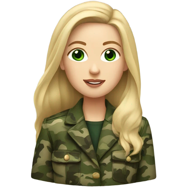 White girl with Long blonde hair and green eyes, camouflage Wool oversize blazer emoji