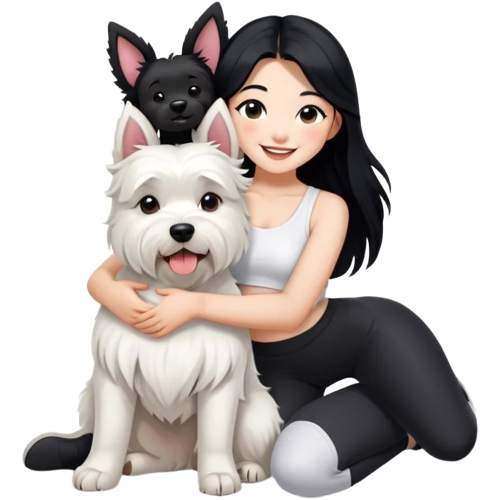 A asain girl with long black hair. She is wearing a white crop top and black legging,she is smiling and hugging a west highland terrier with big ears  emoji