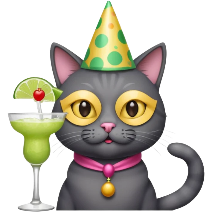An old, dark grey cat is wearing a party hat, and drinking a margarita. emoji