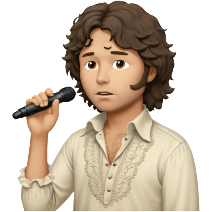 solarpunk realistic ultra HD - a thoughtful, messy, shaggy Jim Morrison in a ivory Victorian shirt, singing on stage emoji