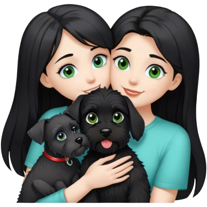 pale girl  with light green blue eyes and long black hair wearing black shirt kissing female schnauzer holding smiling black schnauzer  emoji