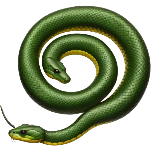 A photo-realistic top-down view of a Green Anaconda tightly coiled in a spiral, with its broad, flat head resting at the center. Its thick, muscular body is olive-green and covered in symmetrical, bold black oval spots that stand out against its smooth scales, creating striking natural camouflage. emoji