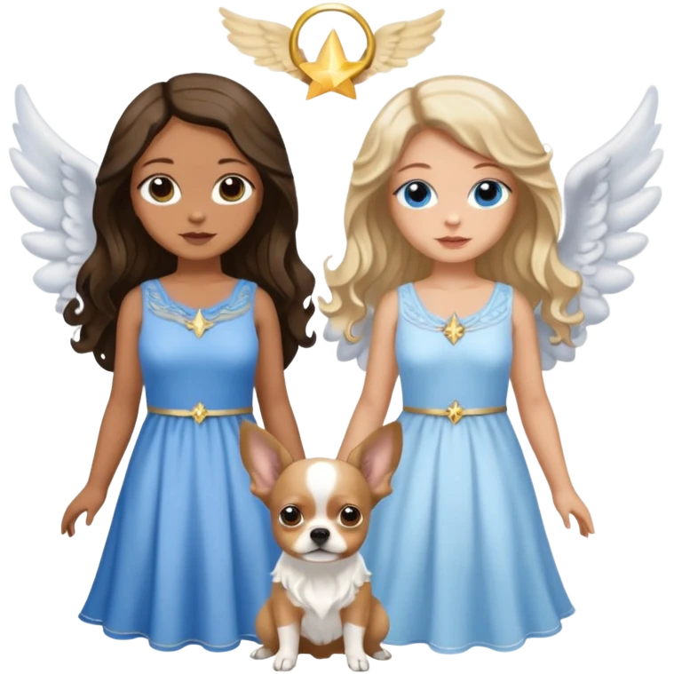 Three women as pretty angels with wings and isolated dresses, brown eyed light skin with dark blonde long hair and Brown eyed light skin black long wavy hair and blue eyed light skin long blonde hair with blue and tan Merle Frenchie black and tan chihuahua  emoji
