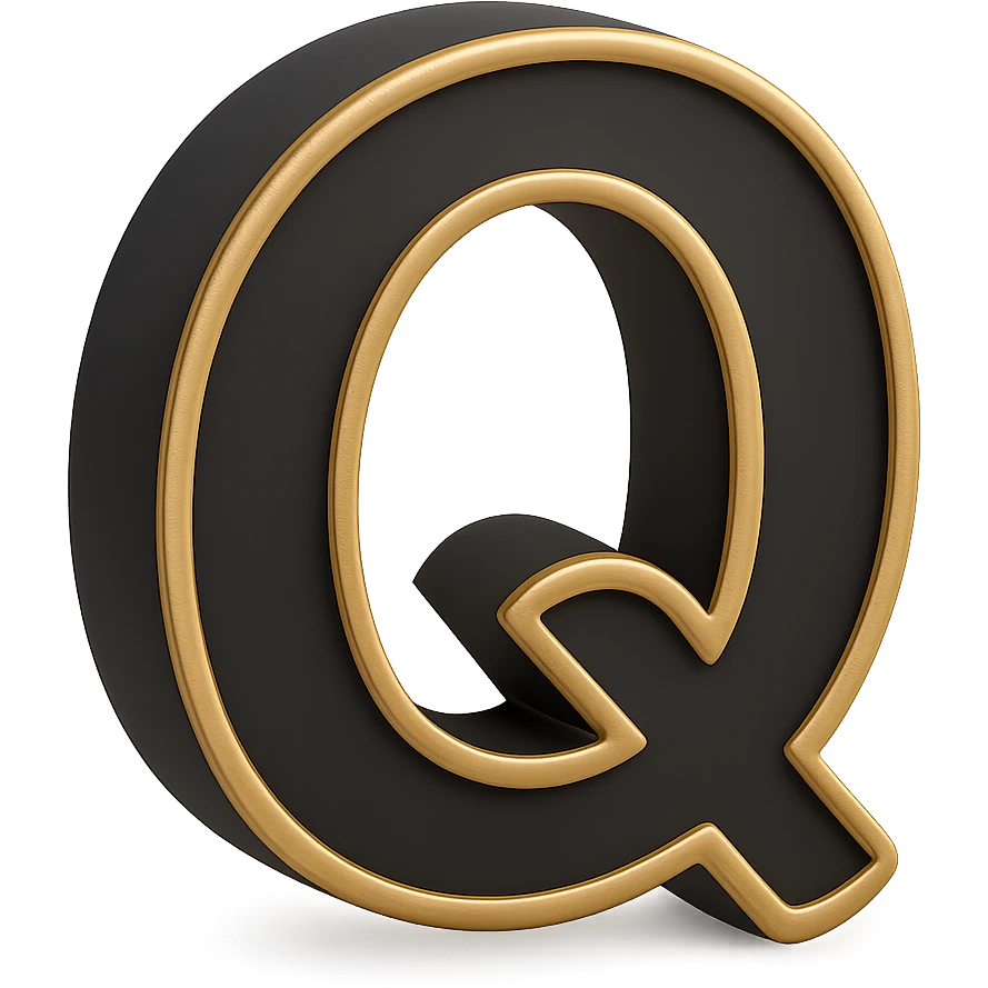 Create the letter Q in the 3D Black style, matching the bold, clear, gold-edged look of the reference letter A. emoji