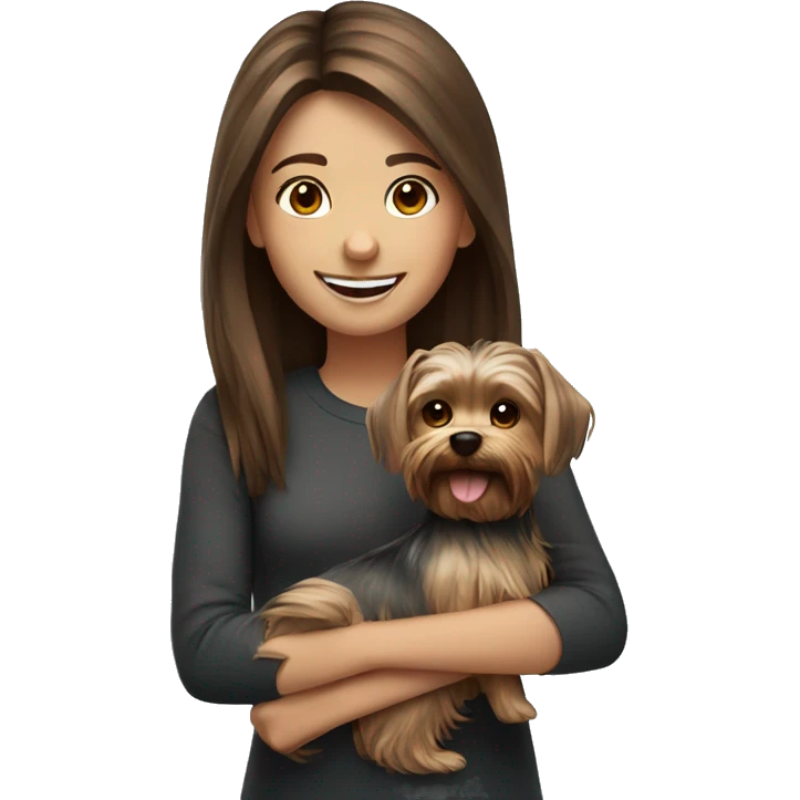 brown hair girl smiling with  Yorkshire Terrier emoji