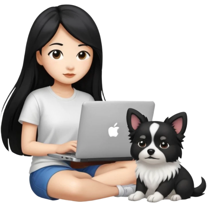 Blue back ground, Asian girl with long black hair , wearing a white t-shirt, working on an Apple laptop, next to her is a small black and white dog emoji