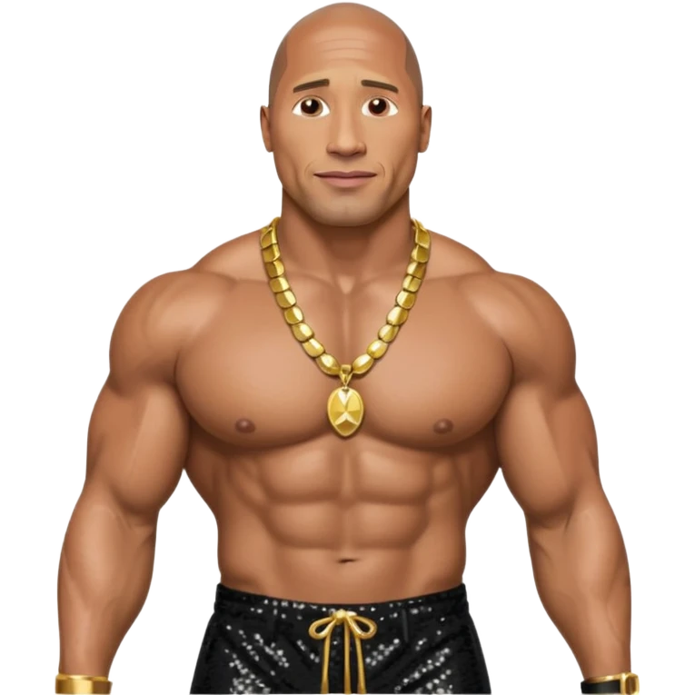 Dwayne Johnson with black sequin baggy pants, shirtless with necklace emoji