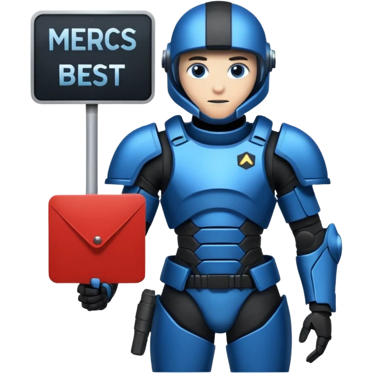 a futeristic scifi soldier in blue and black holding a sign saying Mercs, under this futeristic scifi in blue and black holding a sign is the text we are the best. in gif emoji