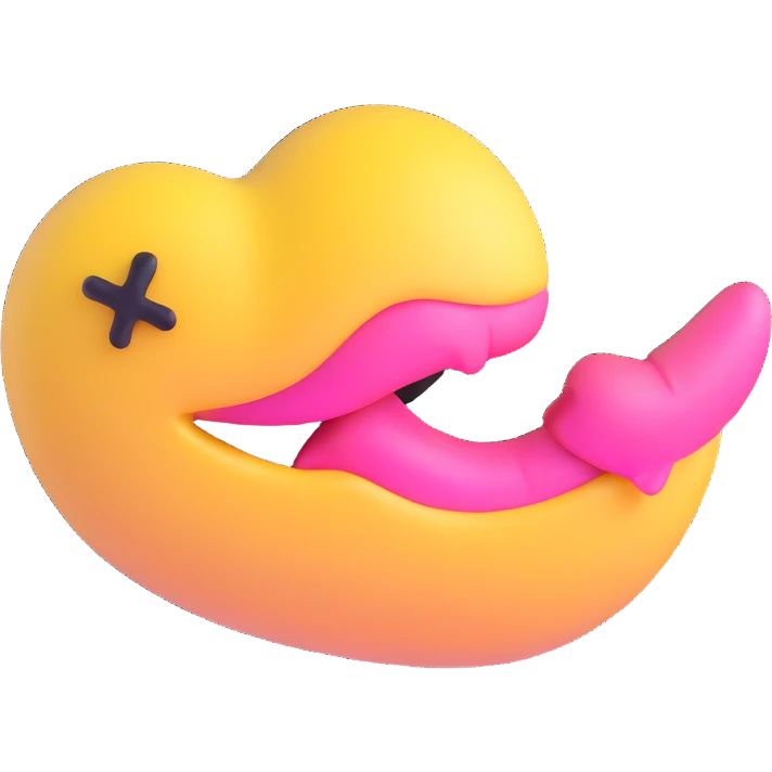 kissing emoji with a yellow bone in its mouth, bone has a pink tip emoji