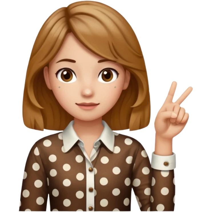 girl wearing a polka dots  shirt style, and poiting witgh her hand, her hair brown  emoji