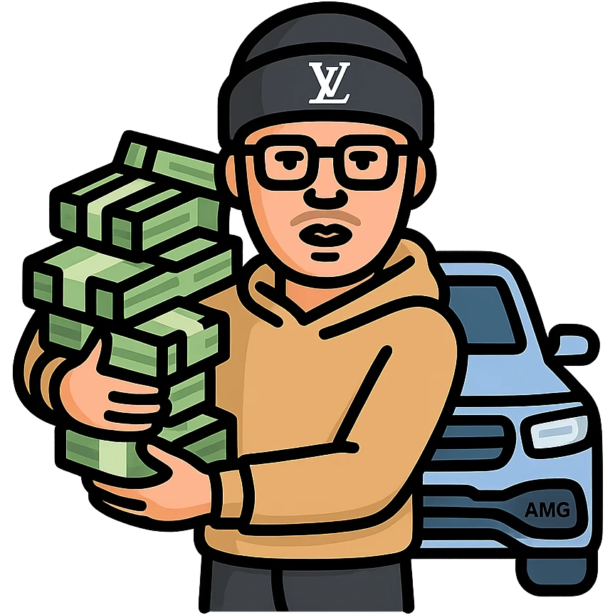 Create an icon version of the person in the reference image with realistic white skin tone, natural facial features, and a goatee. He is wearing a regular hoodie and black sweatpants (not chrome). The hat is black with an LV logo on top. The person is holding realistic, full-color US dollar bills. Add Cartier-style glasses. The car behind him is an AMG model. The overall style is bold and iconic with lineal color icon and black outlines. emoji