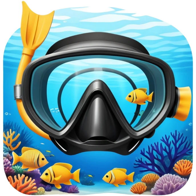 An icon featuring a close-up of a diving mask, snorkel, and fins floating on the surface of vibrant blue water. In the background, coral reefs and tropical fish create a lively underwater scene. Transparent background highlights the beauty and adventure of the diving experience. emoji
