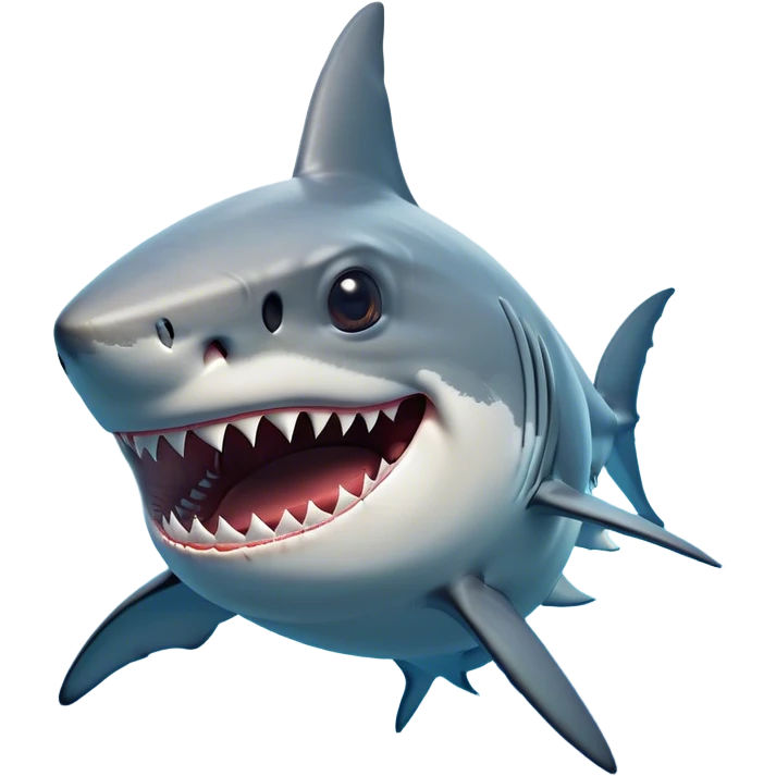 Cinematic Comical Great White Shark Portrait Emoji, Head tilted dramatically with an exaggeratedly shocked expression, featuring its iconic pointed snout, wide, comically expressive eyes, and a sleek body with a prominently defined dorsal fin, Simplified yet hilariously expressive features, highly detailed, glowing with a slightly sassy oceanic glow, high shine, dramatic yet playful, stylized with an air of cheeky marine mischief, soft glowing outline, capturing the essence of a meme-worthy great white shark that looks ready to side-eye its way into viral fame! emoji