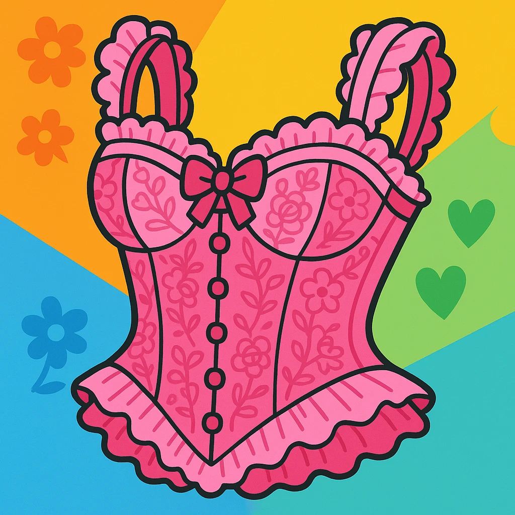 a pink lacey coquette corset, elegant and romantic, with frills and floral lace, vibrant toon style emoji