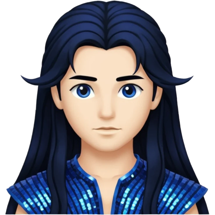 Zephyr, God of West Wind from Gods and Goddesses with long jet black hair, dark blue sequin outfit emoji