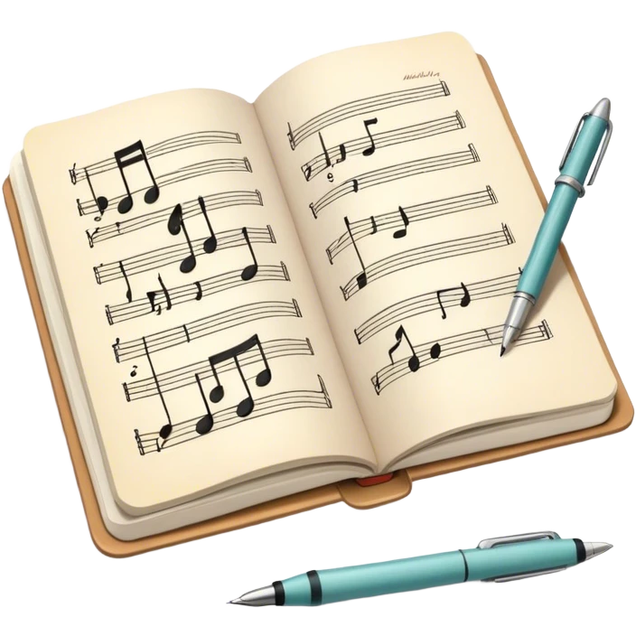 Create an emoji representing songwriting. The design should feature an open notebook or sheet music with visible lyrics and musical notes, symbolizing the process of writing song lyrics. A pen or pencil should be placed near the notebook, indicating active writing. Use a harmonious color palette with warm and neutral tones. Do not include any emojis or smiley faces. Make the background transparent. emoji