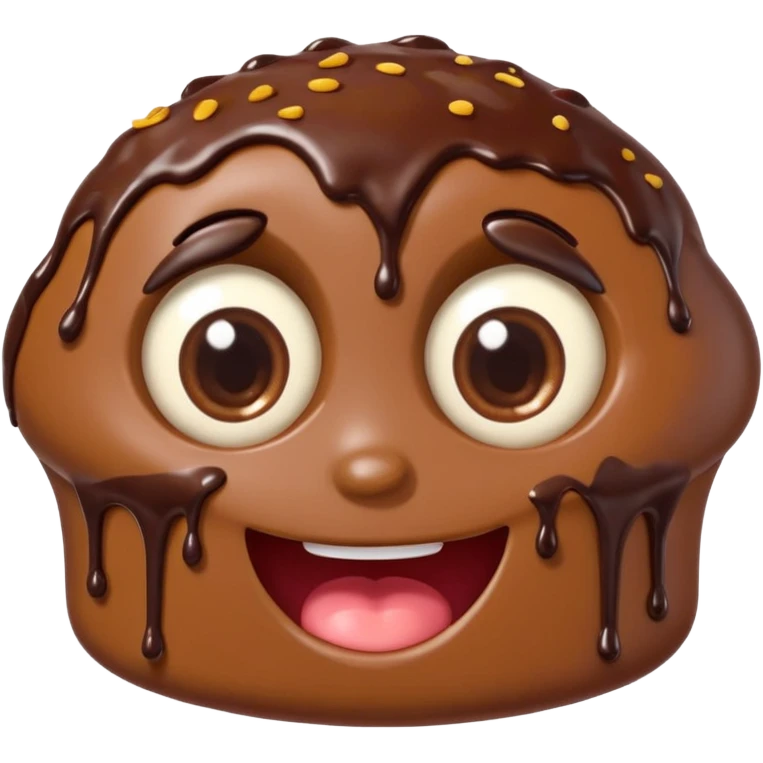Funny cartoon chocolate mini pastry, crazy wide eyes, messy chocolate dripping, smiling distorted face, chibi style, Twitch emoji style, transparent background, colorful emoji