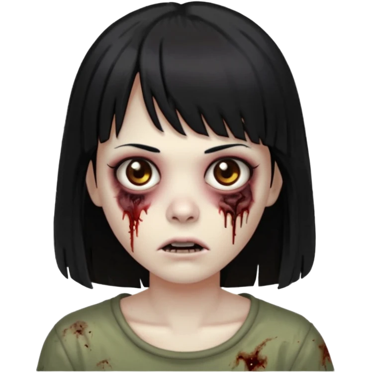 Uma zumbi com os cabelos pretos, mediano, liso e com franja, olhos castanhos emoji